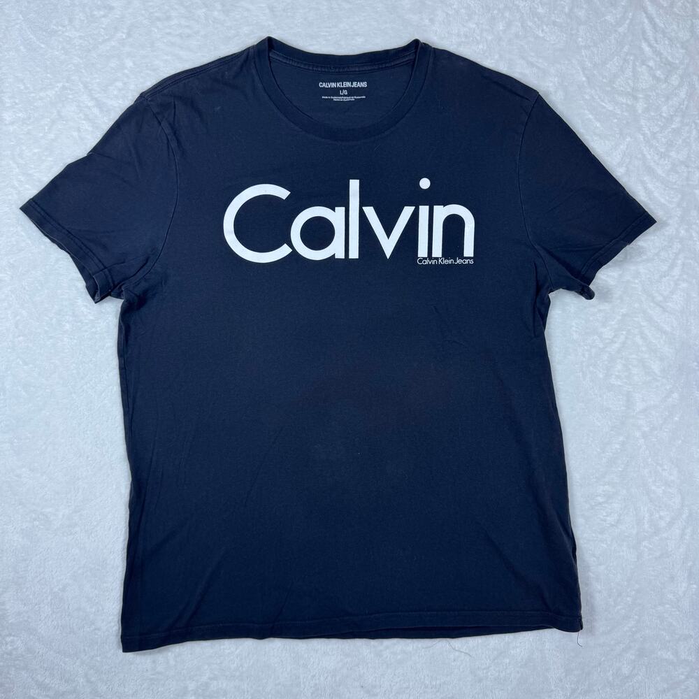 Calvin Klein Men's Large Black Short Sleeve Cotton T-Shirt White Name Logo